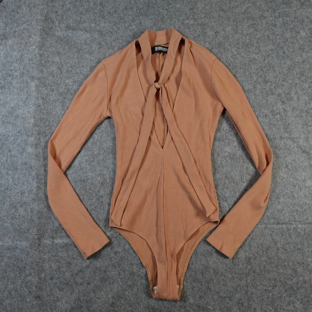 Reformation Bodysuit Womens Extra Small Grady Ribbed Tie Neck Deep V Buff Tan - Picture 2 of 10